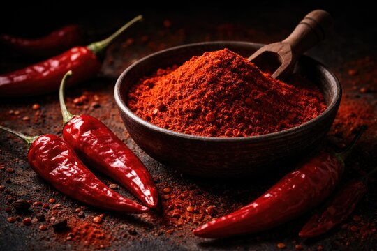 Close up of mirch chilies and powdered spice in a bowl with dark selective lighting