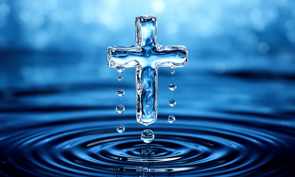 Christian religious cross symbol made of liquid water dripping into a blue rippling pond surface