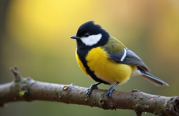 Obraz premium Great tit bird with yellow and black feathers sits on a textured tree branch. Tiny passerine with white cheeks and dark crest looks curiously. Blurred yellow background.
