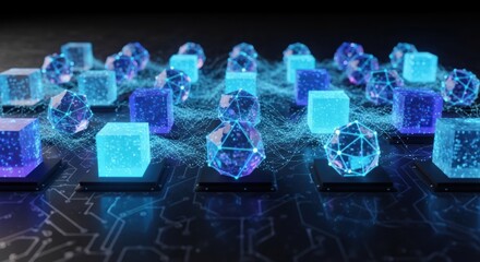 Fototapeta premium Abstract Digital Network of Glowing Blue Cubes and Geometric Shapes on Circuit Board Background.