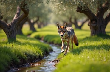 Fototapeta premium Coyote walks near stream through green grass under old trees. Wild canine animal moves in sunlit grove. Creature has bushy tail and sharp ears.