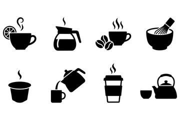 Obraz premium Simple collection of coffee and tea hot drink silhouette icons for cafe menu design