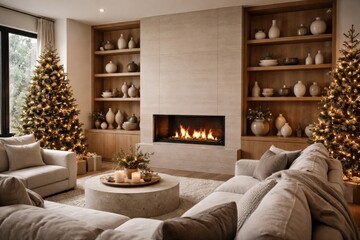 Naklejka premium Contemporary minimalist living room design showcasing wooden shelves with elegant vases during holiday season with Christmas trees and cozy fireplaces