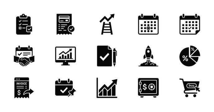 Business icons set for finance, analytics, planning, and growth, vector illustrations, graphic design elements for websites and presentations, clean and modern style.