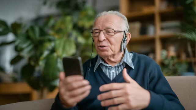Elderly man video calling granddaughter teaching online dating app navigation, intergenerational tech support and relationship advice exchange, ideal for family bonding, technology