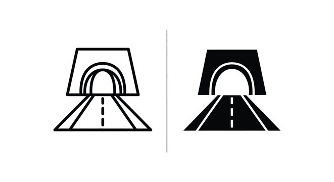 Road tunnel entrance icon set featuring linear and solid black vector graphic symbols