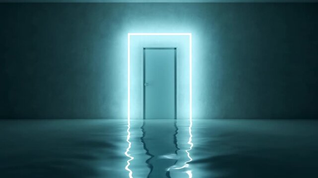 Futuristic Neon Door With Reflective Water. Vivid Neon Doorway Glowing Above Flooded Reflective Surface