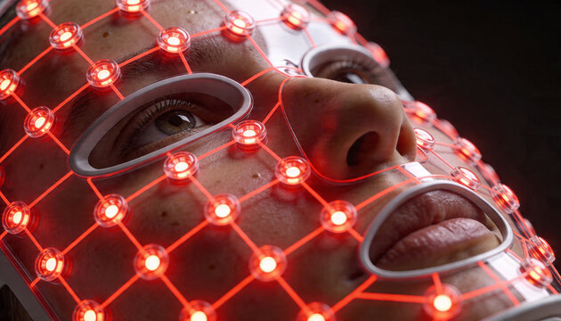 Person wearing a modern red LED light therapy mask