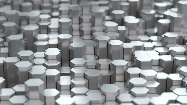 Moving Iron or silver mosaic hexagon surface. Astract metal background. 3d animation