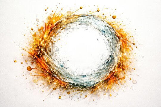 Circular arrangement of golden and orange splatter elements on a white backdrop with dynamic water texture