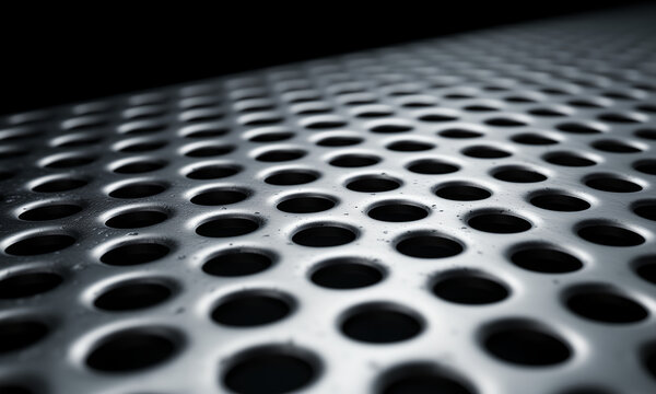 Macro perspective of a silver perforated metallic sheet with round holes and shallow depth of field
