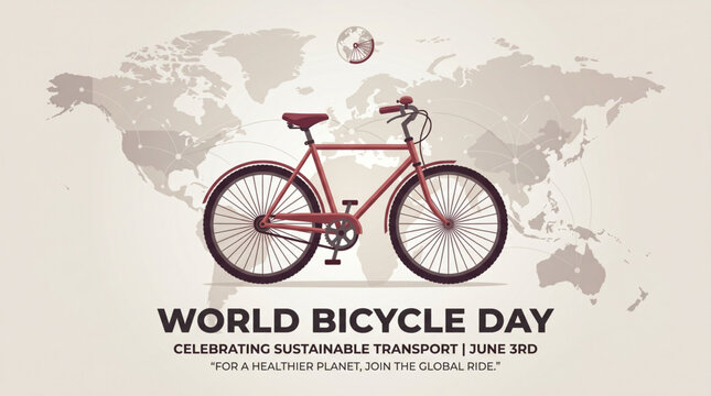 Classic bicycle illustration over world map background representing global sustainable transport concept and eco friendly mobility awareness theme designed for creative campaign use