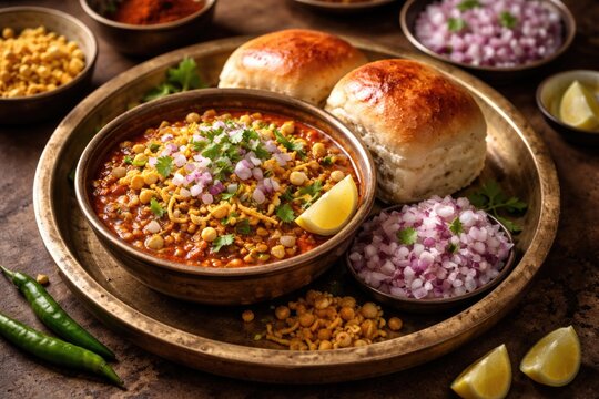 Traditional Maharashtrian misal pav topped with onions and farsan