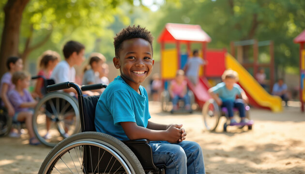 Happy boy in wheelchair smiles at inclusive playground. Diverse kids play together outdoors at summer camp. Children with special needs enjoy fun activities, friendship, learning, community.