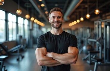 Obraz premium Smiling man with muscular arms stands with crossed hands in a modern gym. He wears a black t-shirt and appears fit and confident. This photo is great for fitness.