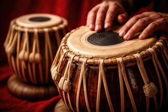 Intimate close up of hand drums known as tablas with a red background