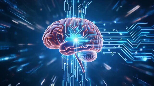 Digital Illustration of Human Brain Surrounded by Glowing Circuit Patterns with Radiant Blue and Pink Energy Flow