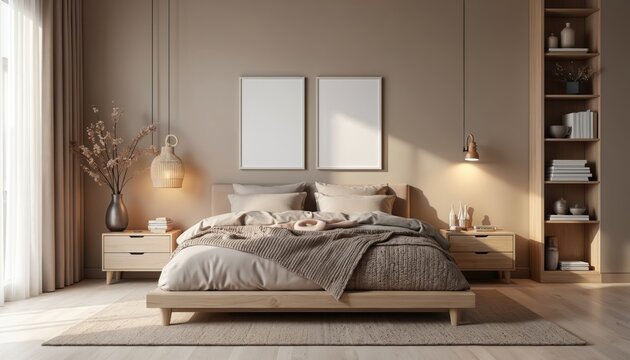 Minimalist bedroom with king size bed, neutral taupe colors and natural wood accents. Cozy Scandinavian style design, ready for personal decor. Serene space for rest and sleep.