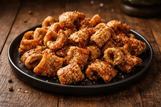Crunchy pork cracklings served on black dish featuring a natural wood surface