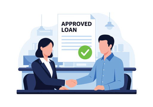 Flat style vector illustration of banker giving approved loan document with checkmark to customer, representing financial service, credit approval, and banking process