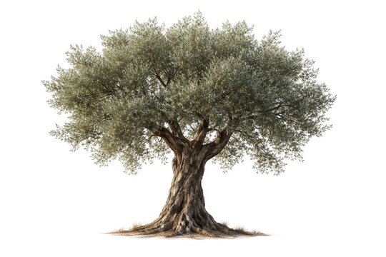 lone olive tree showing textured bark against white background