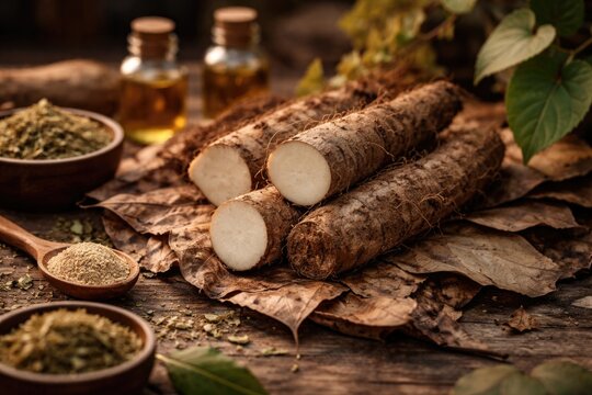 Holistic wellness scene with wild yam root herb resting on dried leaves representing natural healing