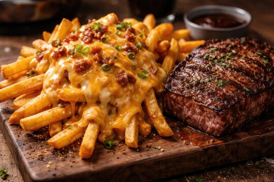 Delicious French fries covered in melted cheese sauce paired with a tender pork beefsteak