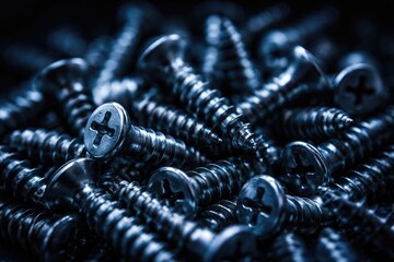 Close up view of metal screws piled together with selective focus and blue lighting on a dark background