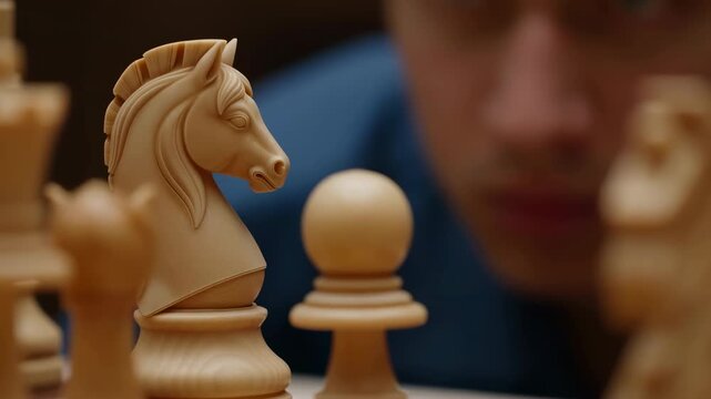 Player Studies Chess Pieces Carefully. Close View Of Player Analyzing Strategic Move On Chessboard