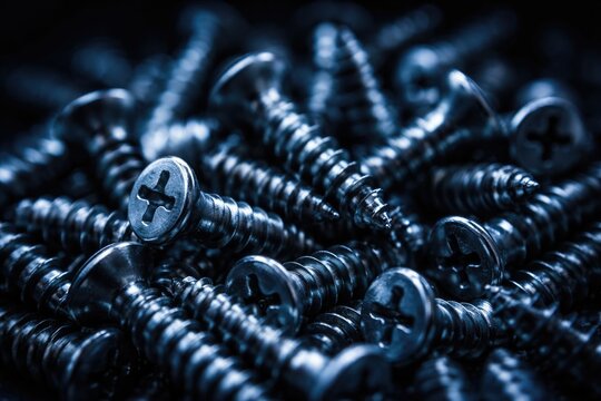 Close up view of metal screws piled together with selective focus and blue lighting on a dark background