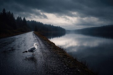 Naklejka premium Bird on quiet grey road near reflective water under moody skies with copy space