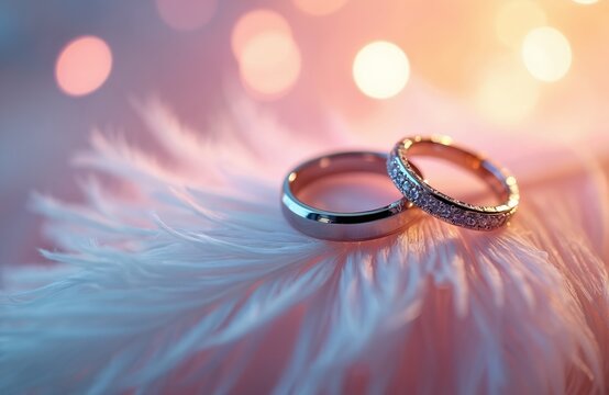 Pair of wedding rings resting on soft white feather. Symbol of love, commitment, and union. Ideal for wedding invitations, decor, and romantic themes. Sparkle and elegance.