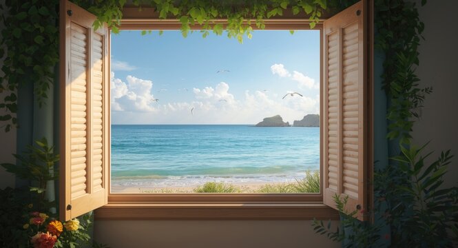 Peaceful seaside scene seen through an open window on a sunny summer day