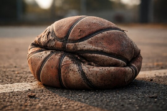 Deflated basketball ball with damaged outer layer
