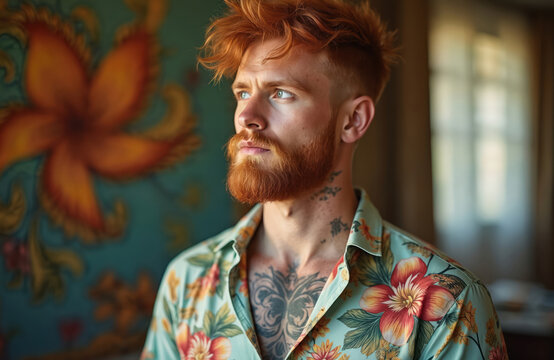Red haired man with beard and tattoos wears floral shirt at home. He has neck ink and chest art. Man looks away thoughtfully in casual indoor setting. Bearded guy appears relaxed.