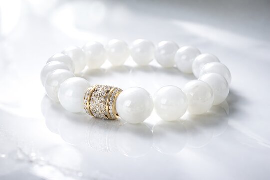 Elegant White Jade Bracelet with Gold Accents on Reflective Surface