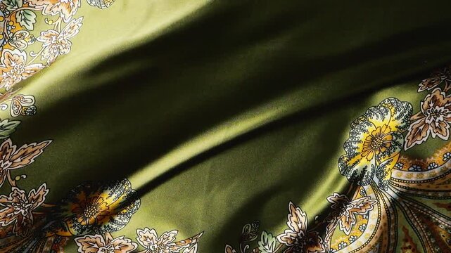 Green silk fabric with floral pattern swaying in the wind. Natural silk texture creates abstract waves and smooth motion. Elegant olive textile background with orange and white flower ornaments.