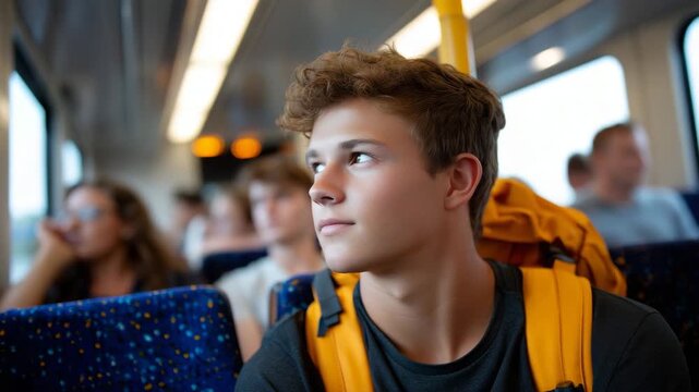 Mid-shot of a young person resting on a train priority seat, carrying a backpack, appearing healthy but subtly in need of support, diverse passengers nearby, promoting understandin