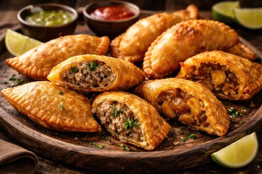 Savory empanadas stuffed with rich pate served alongside fried plantains