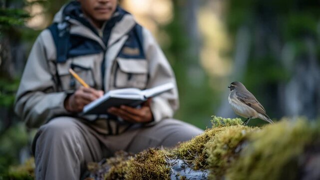 Mid-shot of birder seated on moss-covered log, notebook open, pencil in hand, focused on warbler perched nearby, soft morning sunlight filtering through trees, highlighting nature