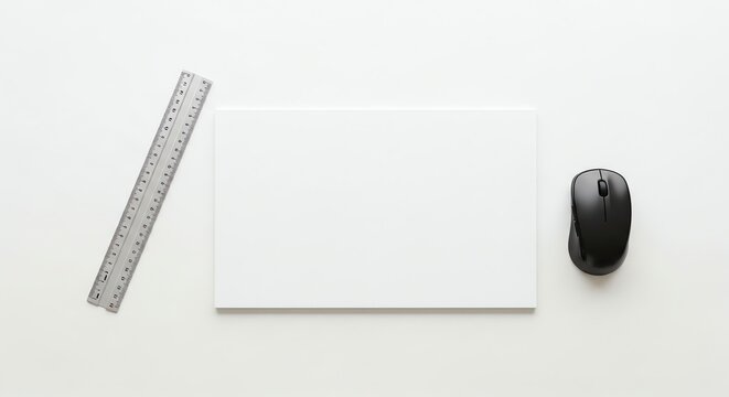 Minimalist workspace setup with ruler mouse pad and computer mouse on white desk surface.