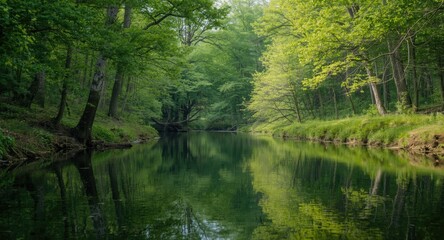 Fototapeta premium Still river coursing amidst lush woods with crisp reflections of trees and harmonious views on either bank