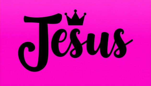 Minimalist black script of the name Jesus with a crown icon on solid pink background