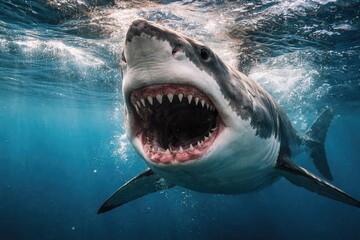 Obraz premium Great white shark swimming near ocean surface with open mouth showing teeth