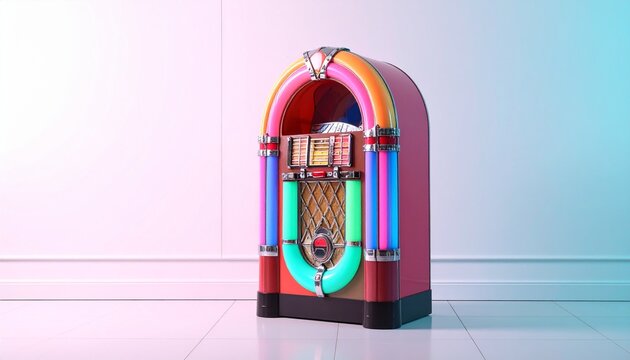 Classic Retro Jukebox with Rounded Top, Colorful Illuminated Panels, and Central Speaker Grille on White Background