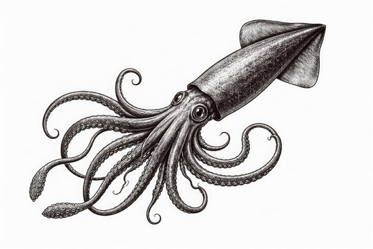Black and white vintage squid engraving featuring fine line art details on a clear white backdrop