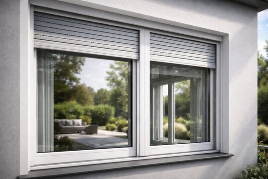 Contemporary residential window featuring modern plastic frame and streamlined roller shutters