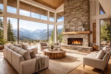 Naklejka premium bright and airy family area with expansive fireplace and stunning mountain views through floor to ceiling windows