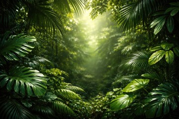 Obraz premium Dense tropical foliage background with vibrant leaves and copy space under soft daylight