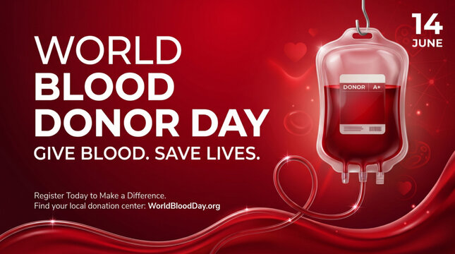 World blood donor day campaign poster with medical bag and red background promoting donation awareness saving lives healthcare support and global social responsibility message